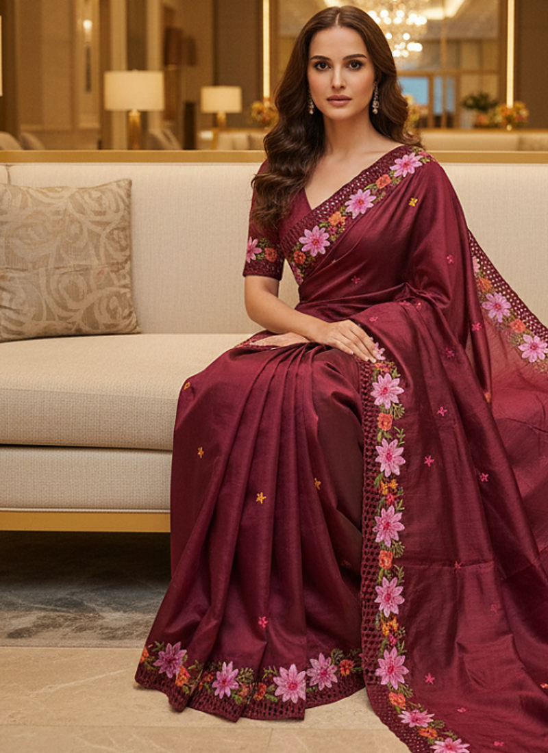 Red Color Malti Thread Embroidery work Silk Saree