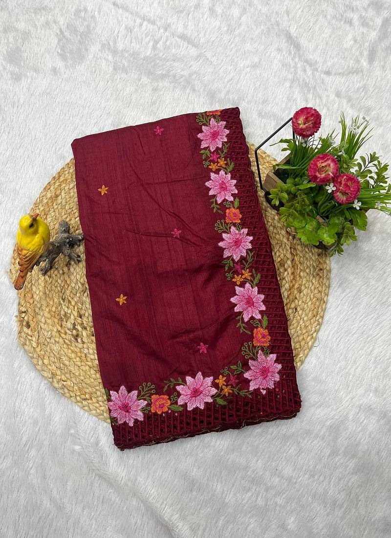 Red Color Malti Thread Embroidery work Silk Saree