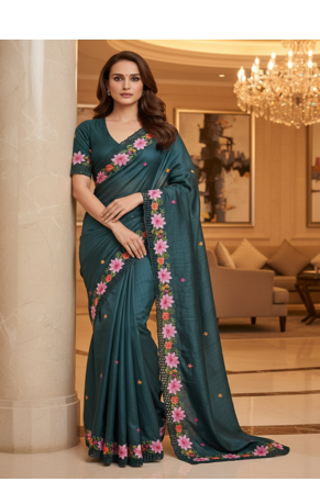 Teal Color Malti Thread Embroidery work art silk saree 1