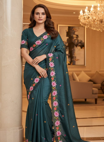 Teal Color Malti Thread Embroidery work Silk Saree