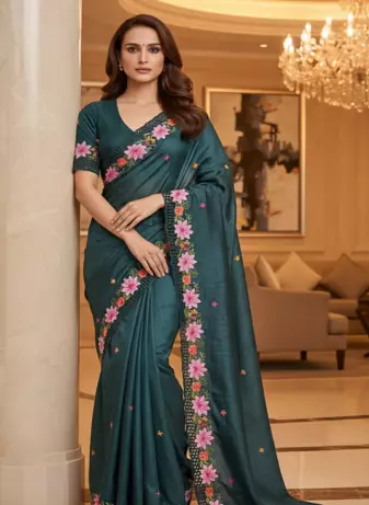 Teal Color Malti Thread Embroidery work Silk Saree