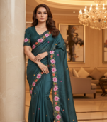 Teal Color Malti Thread Embroidery work Silk Saree