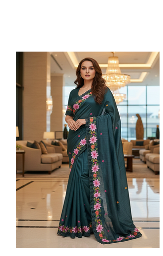 Teal Color Malti Thread Embroidery work art silk saree 2