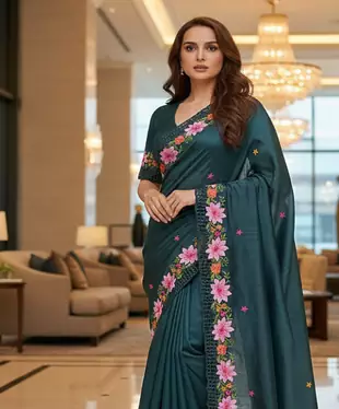 Teal Color Malti Thread Embroidery work art silk saree
