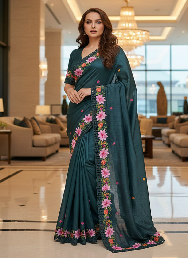 Teal Color Malti Thread Embroidery work Silk Saree