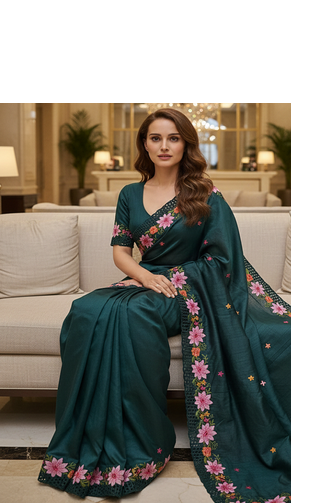 Teal Color Malti Thread Embroidery work art silk saree 3