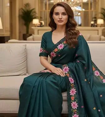 Teal Color Malti Thread Embroidery work art silk saree