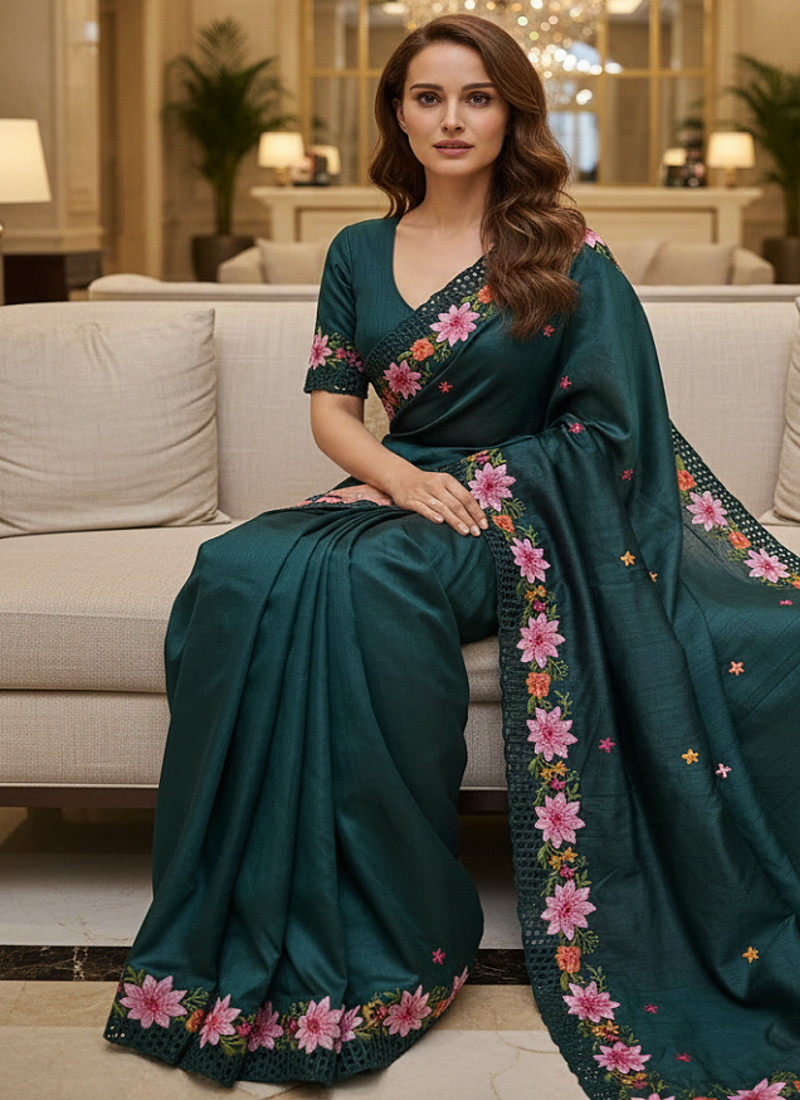 Teal Color Malti Thread Embroidery work Silk Saree