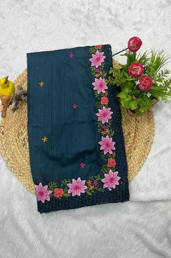 Teal Color Malti Thread Embroidery work art silk saree