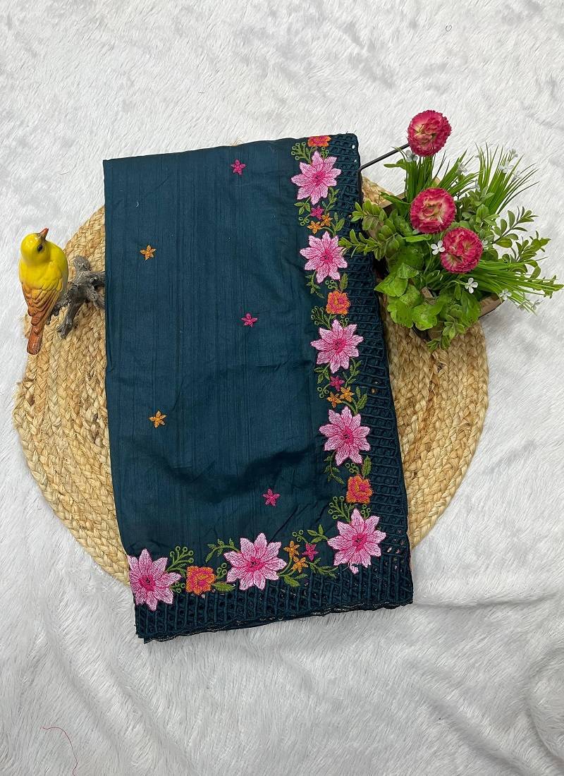 Teal Color Malti Thread Embroidery work Silk Saree