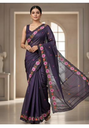 Purple Color Malti Thread Embroidery work art silk saree 1