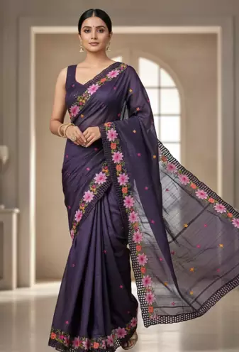 Purple Color Malti Thread Embroidery work Silk Saree