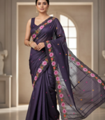 Purple Color Malti Thread Embroidery work Silk Saree
