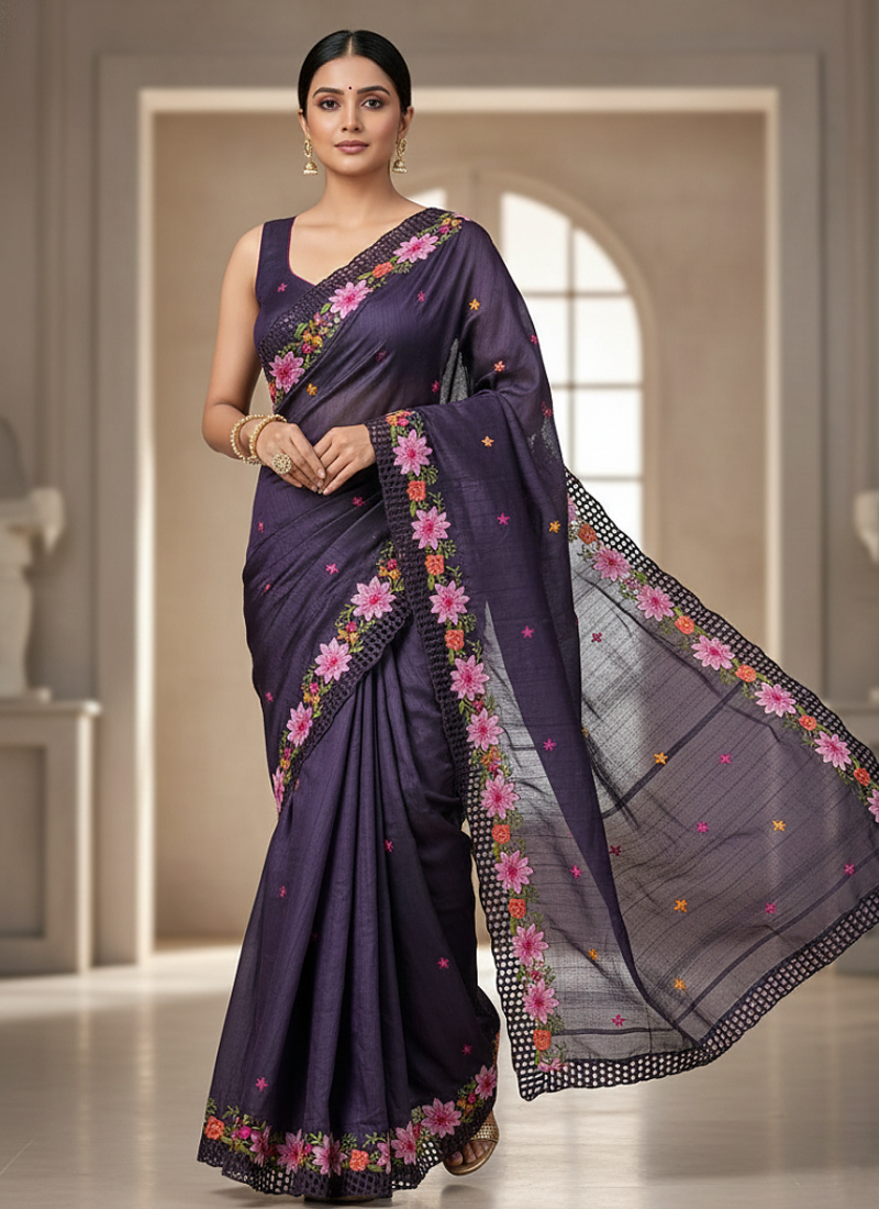 Purple Color Malti Thread Embroidery work Silk Saree