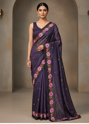 Purple Color Malti Thread Embroidery work art silk saree 2