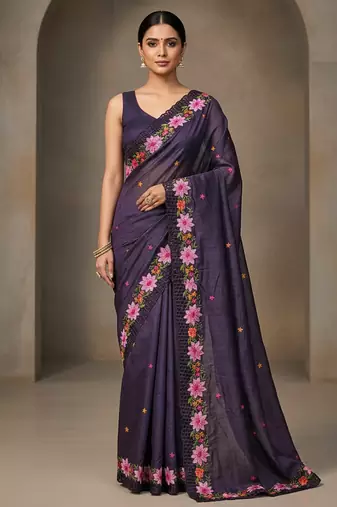Purple Color Malti Thread Embroidery work art silk saree