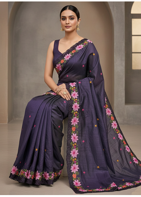 Purple Color Malti Thread Embroidery work art silk saree 3