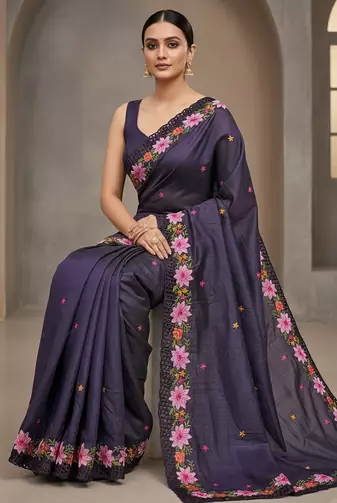 Purple Color Malti Thread Embroidery work art silk saree