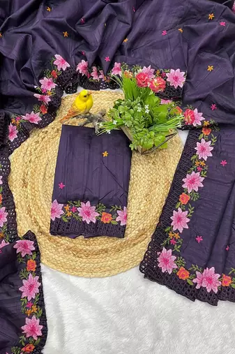 Purple Color Malti Thread Embroidery work art silk saree