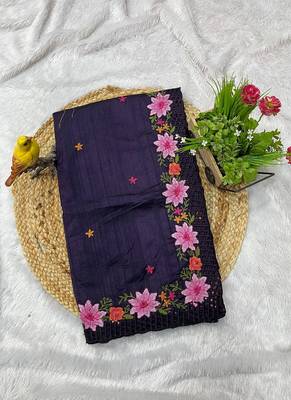 Purple Color Malti Thread Embroidery work art silk saree 5