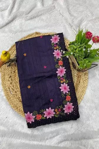 Purple Color Malti Thread Embroidery work art silk saree
