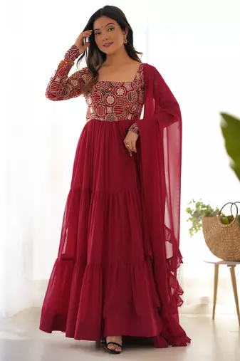 Maroon color faux georgette heavy multi thread work functional wear gown