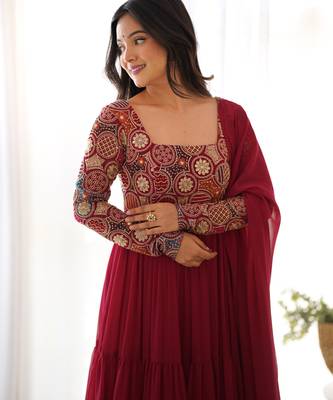 Maroon color faux georgette heavy multi thread work functional wear gown 4