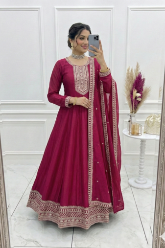 Dark rani color vichitra silk embroidery work party wear long gown