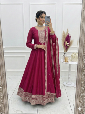 Dark rani color vichitra silk embroidery work party wear long gown 1