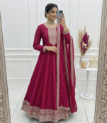 Dark rani color vichitra silk embroidery work party wear long gown