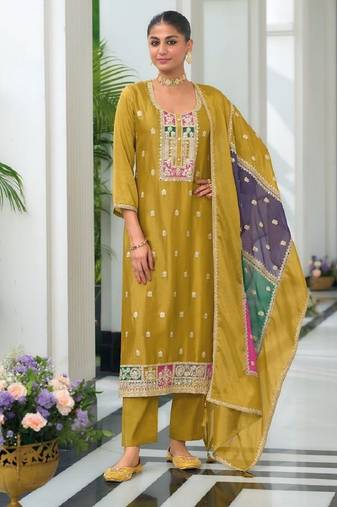 Yellow color chinnon silk embroidery work wedding wear designer salwar suit