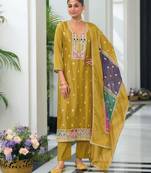 Yellow color chinnon silk embroidery work wedding wear designer salwar suit