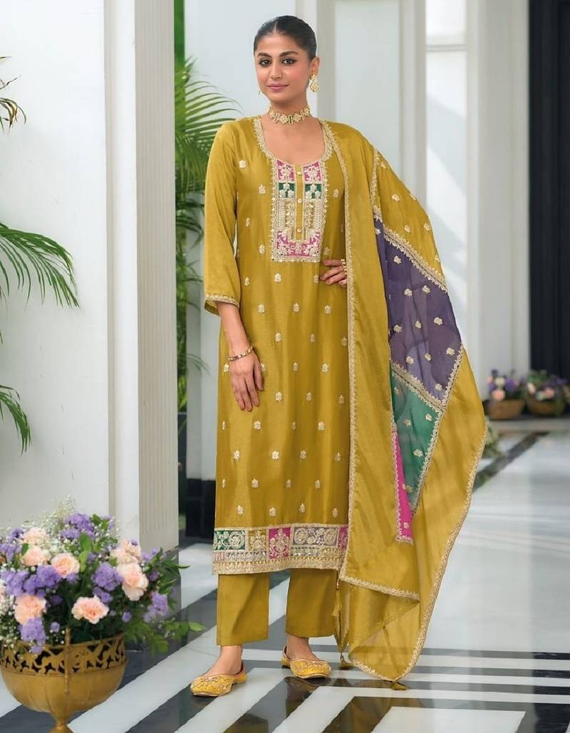 Yellow color chinnon silk embroidery work wedding wear designer salwar suit
