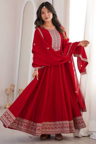 Maroon color vichitra silk embroidery work party wear long gown