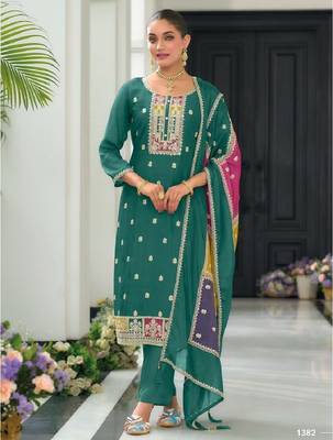 Green color chinnon silk embroidery work wedding wear  salwar suit 1
