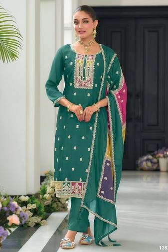 Green color chinnon silk embroidery work wedding wear designer salwar suit