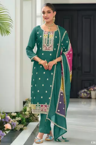 Green color chinnon silk embroidery work wedding wear designer salwar suit