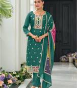 Green color chinnon silk embroidery work wedding wear designer salwar suit