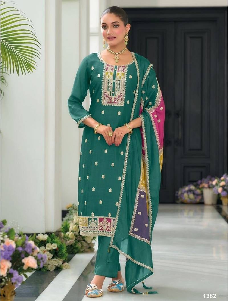 Green color chinnon silk embroidery work wedding wear designer salwar suit
