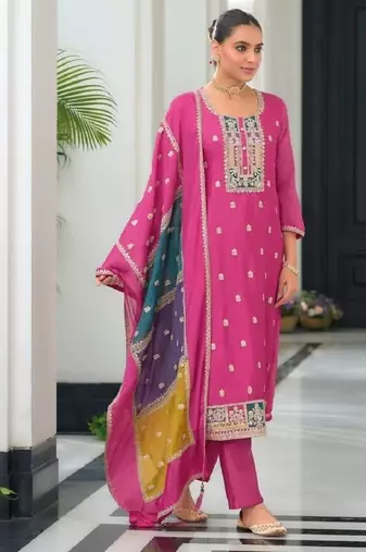 Pink color chinnon silk embroidery work wedding wear designer salwar suit
