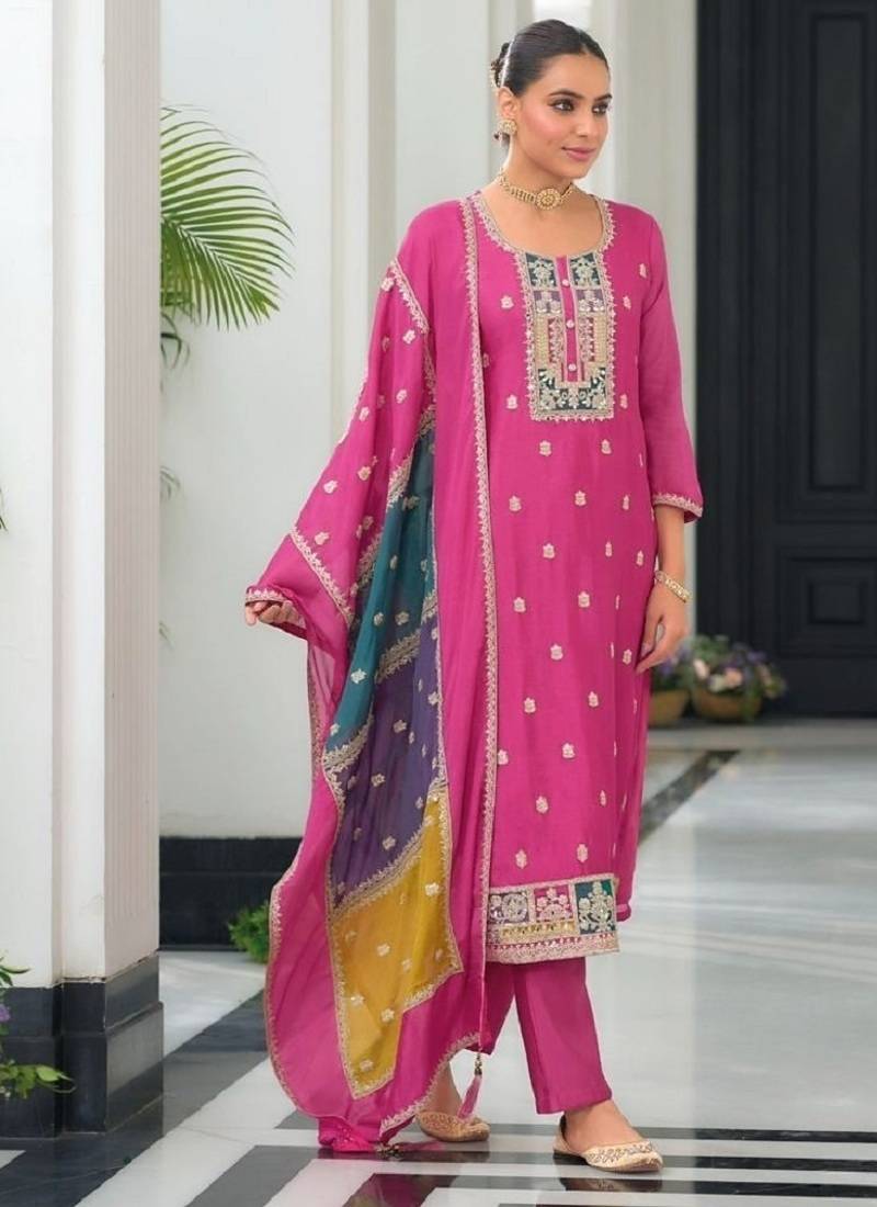 Pink color chinnon silk embroidery work wedding wear designer salwar suit