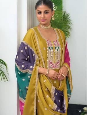 Yellow color chinnon silk embroidery work wedding wear salwar suit 2