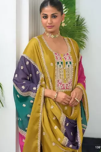Yellow color chinnon silk embroidery work wedding wear designer salwar suit