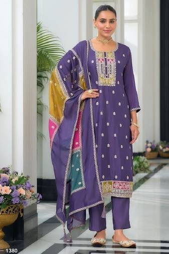 Lavender color chinnon silk embroidery work wedding wear designer salwar suit