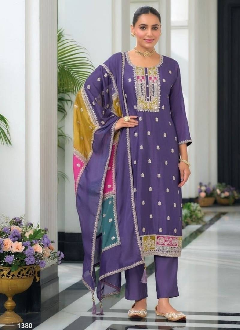 Lavender color chinnon silk embroidery work wedding wear designer salwar suit