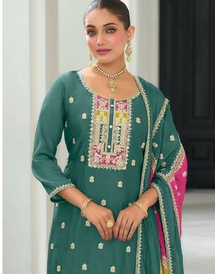 Green color chinnon silk embroidery work wedding wear  salwar suit 2