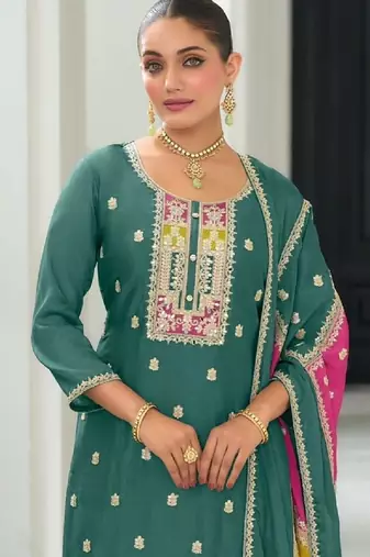 Green color chinnon silk embroidery work wedding wear designer salwar suit