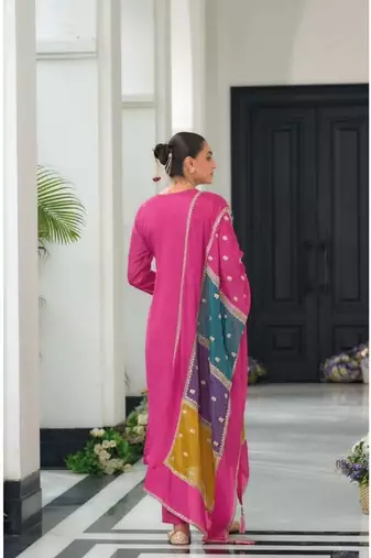 Pink color chinnon silk embroidery work wedding wear designer salwar suit