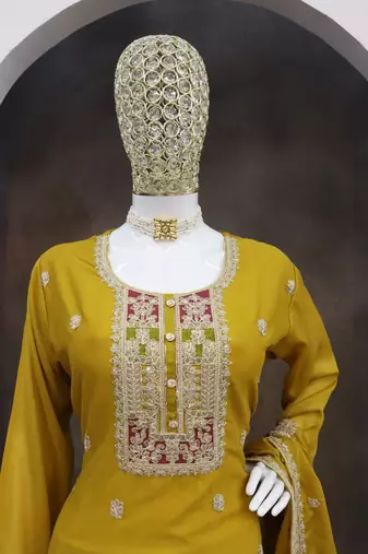 Yellow color chinnon silk embroidery work wedding wear designer salwar suit