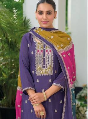 Lavender color chinnon silk embroidery work wedding wear  salwar suit 2